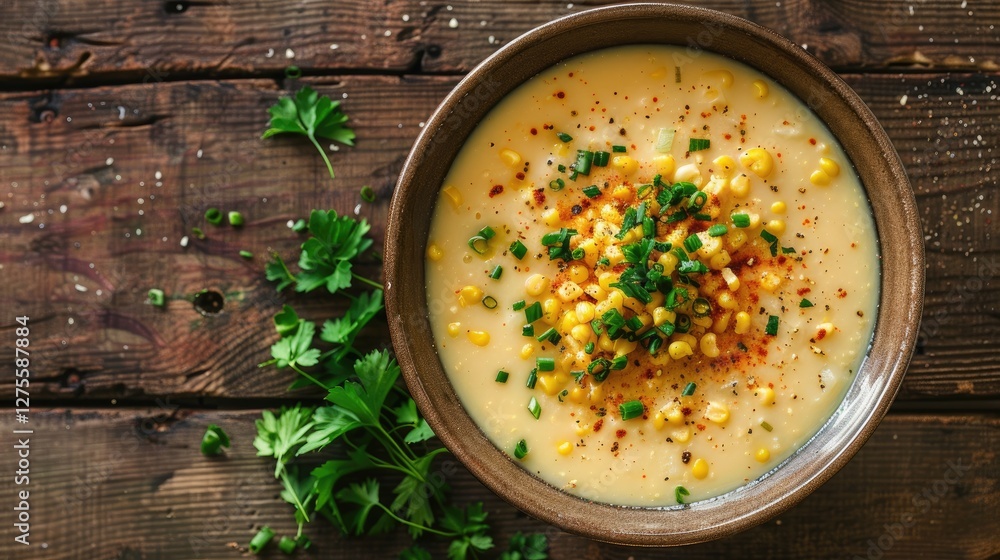 Poster creamy corn chowder in a rustic brown bowl with corn and green onion garnish as a top view flat lay 