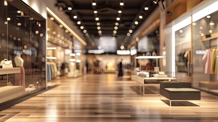 Naklejka premium Modern retail interior in department store featuring a blurred effect, warm wooden floors, stylish clothing displays, and ambient lighting.
