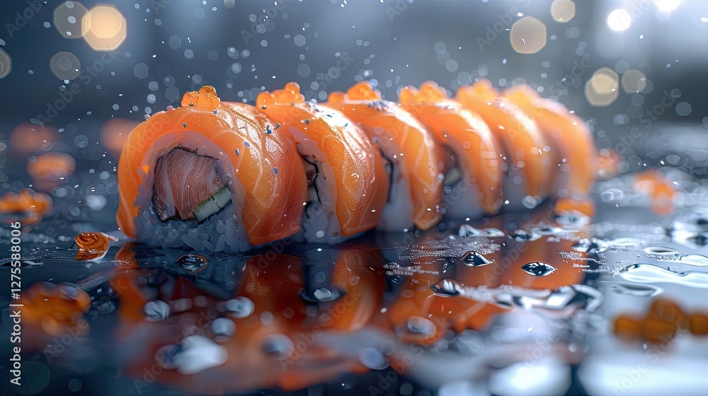 Poster spicy salmon sushi roll on a reflective surface with droplets splashing, featuring vibrant orange sa