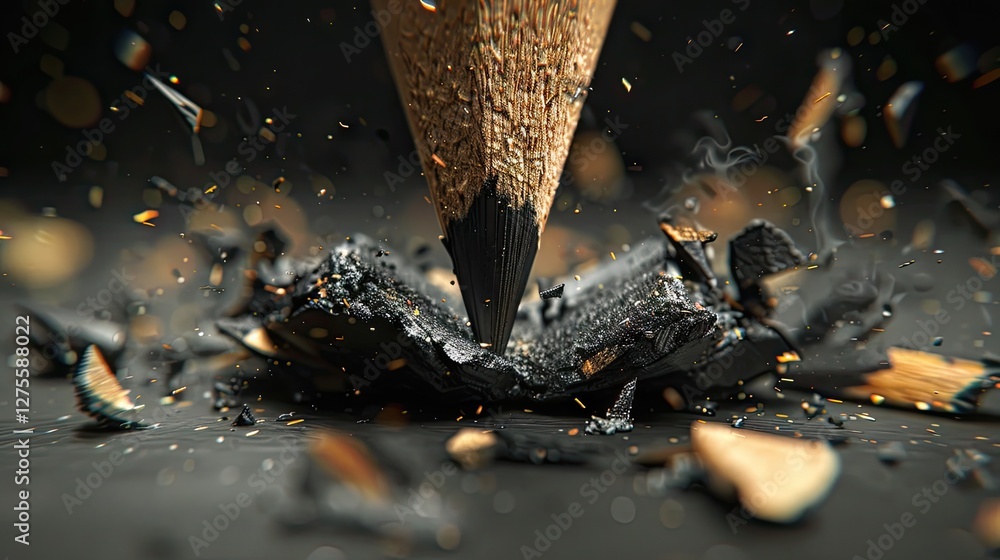Poster close-up view of a sharpened black wood pencil striking a surface with flying shavings and fine dust
