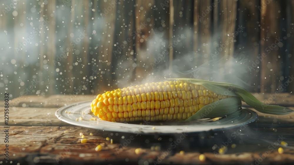Poster Steaming cooked corn on the cob displayed on a rustic plate with scattered corn kernels on a wooden table background and soft mist.