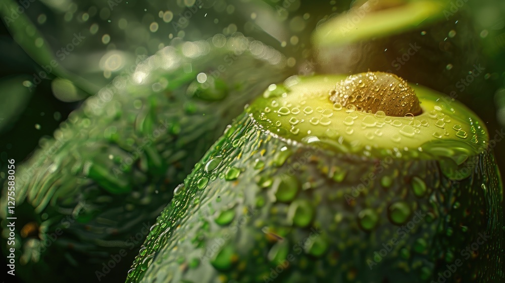 Poster close up of fresh green avocado halves with water droplets and a shallow depth of field showcasing l