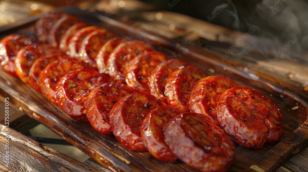 Aufkleber grilled chorizo sausages on wooden board with glossy red color and smoky aroma arranged neatly in ev