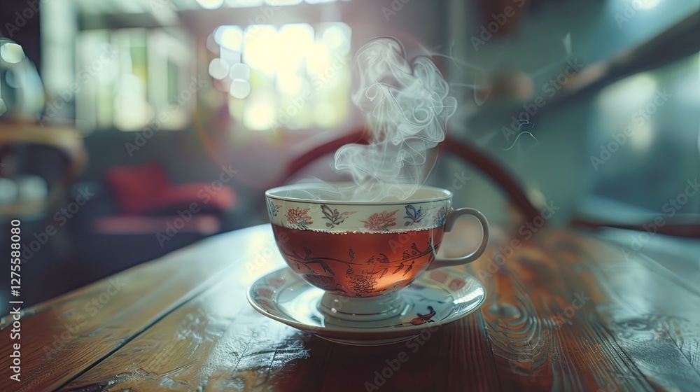 Poster vintage porcelain cup filled with steaming chinese tea on a wooden table with soft bokeh background 