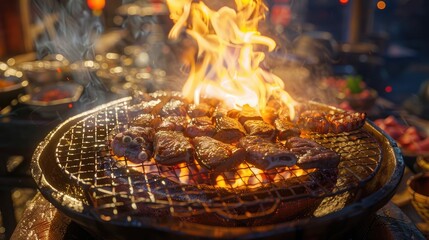 Lotus Grill Barbeque featuring sizzling meat over flames with vibrant orange and yellow fire, glowing embers, and smoky atmosphere in the background.