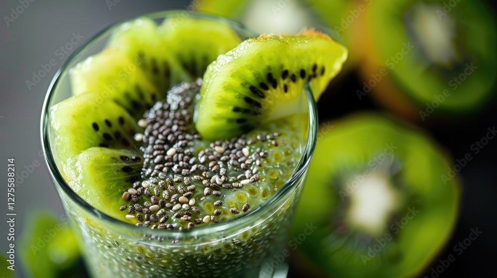 Poster chia seed pudding parfait topped with vibrant kiwi slices in a clear glass with blurred kiwi halves 