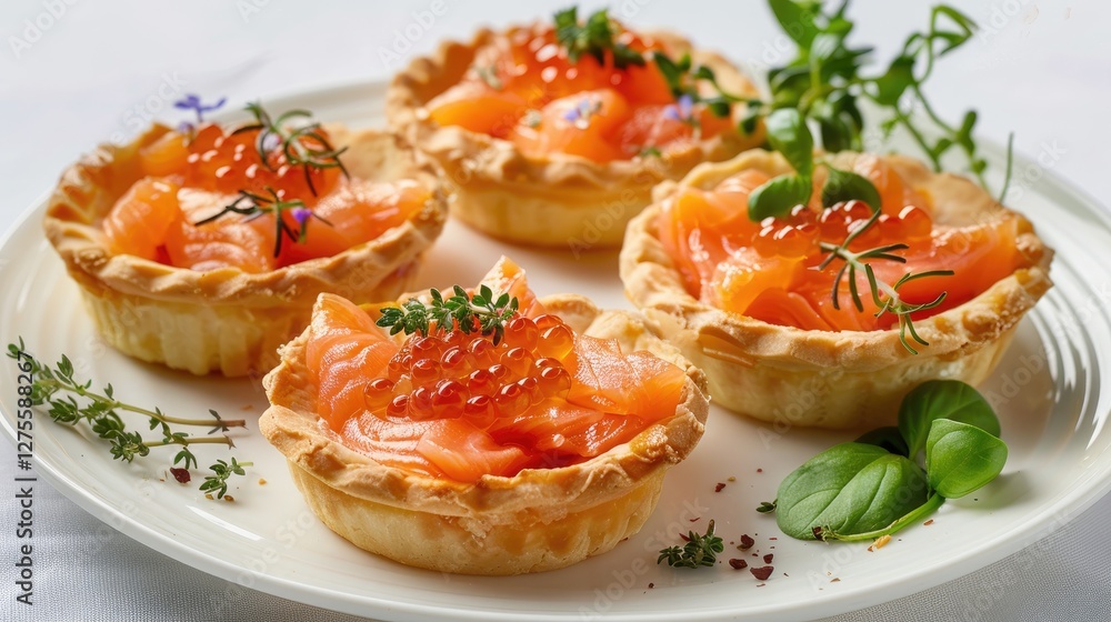 Aufkleber appetizing salmon caviar tartlets on a white plate with garnished herbs and vibrant colors arranged 