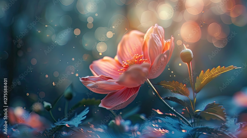 Poster delicate pink princess flower with soft petals illuminated by warm sunlight, surrounded by green fol