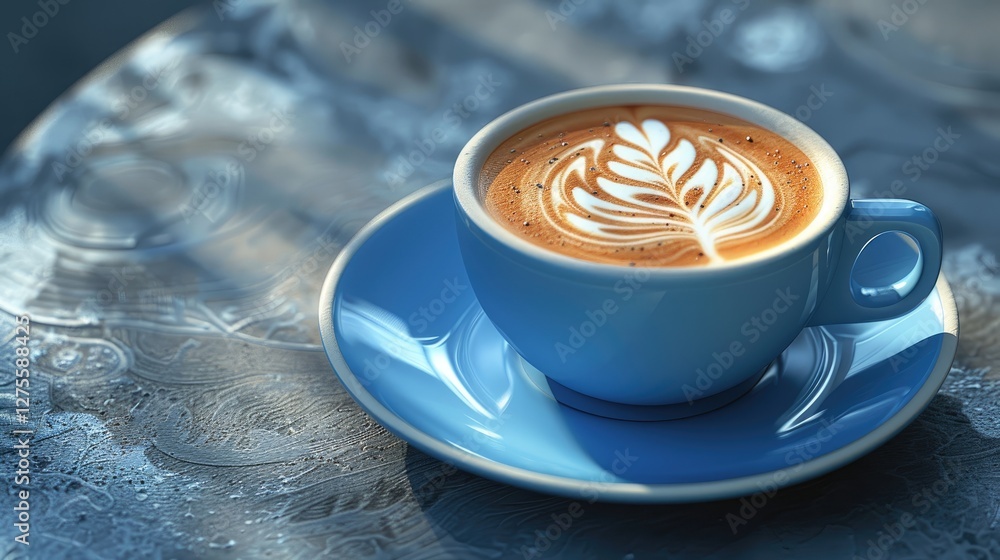 Poster cappuccino with intricate latte art in a pastel blue cup on a textured gray surface illuminated by s
