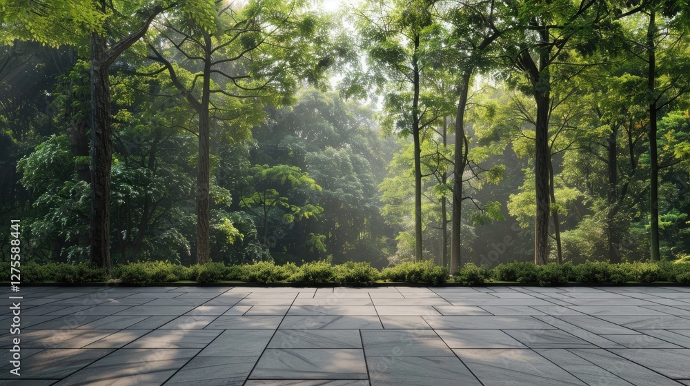 Aufkleber Expansive square floor with textured stone tiles in the foreground surrounded by vibrant green forest landscape and dappled sunlight filtering through trees