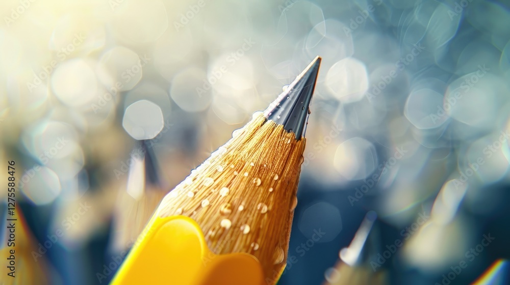 Poster Yellow pencil tip in sharp focus with soft blue bokeh background showcasing creativity and inspiration for advertising and design concepts
