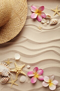 seashells, frangipani flowers and straw hat on sandy beach
