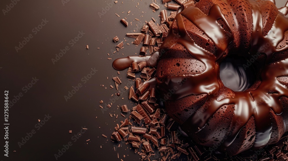 Poster chocolate bundt cake topped with glossy ganache, surrounded by chocolate shavings, set on a dark bac