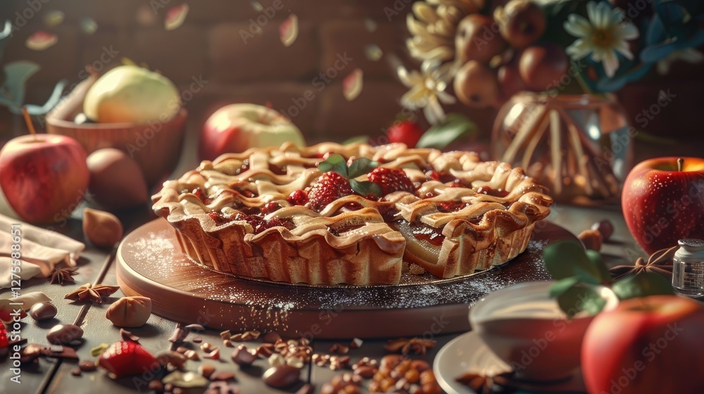 Poster delicious apple pie adorned with strawberries on a wooden plate surrounded by fresh apples and spice