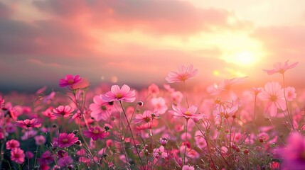 Obraz premium Vibrant field of pink and red cosmos flowers at sunset with vintage tones, lush greenery in foreground, soft clouds and warm sunlight in background.