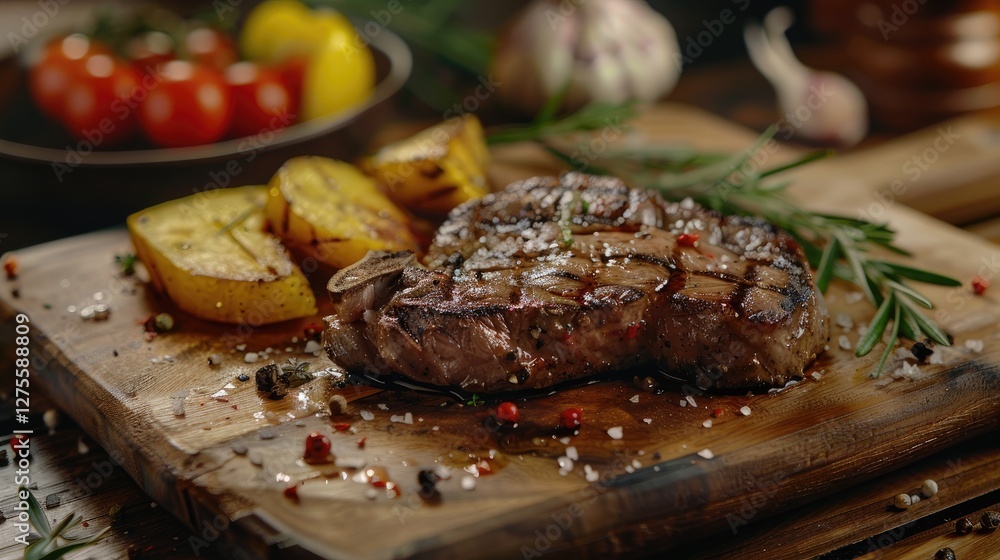 Poster grilled beef heart steak garnished with rosemary and herbs on a rustic wooden board with charred lem