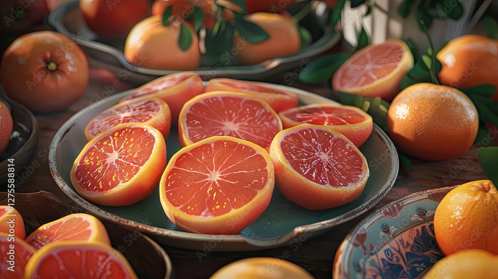 Poster vibrant pink grapefruit slices arranged on a decorative plate surrounded by whole oranges and green 