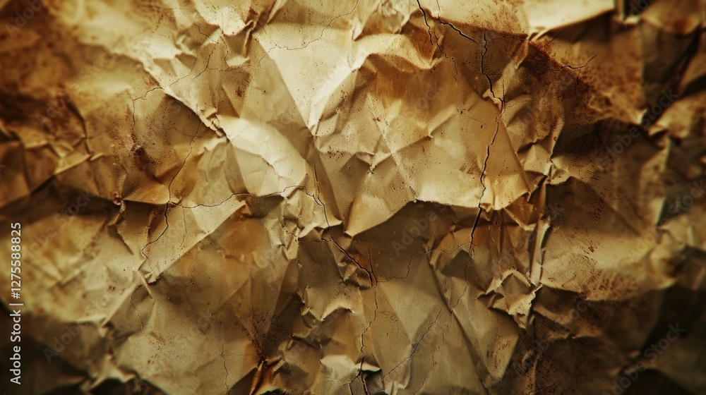 Poster crinkled vintage brown paper texture featuring intricate creases and shadows with warm earthy tones 