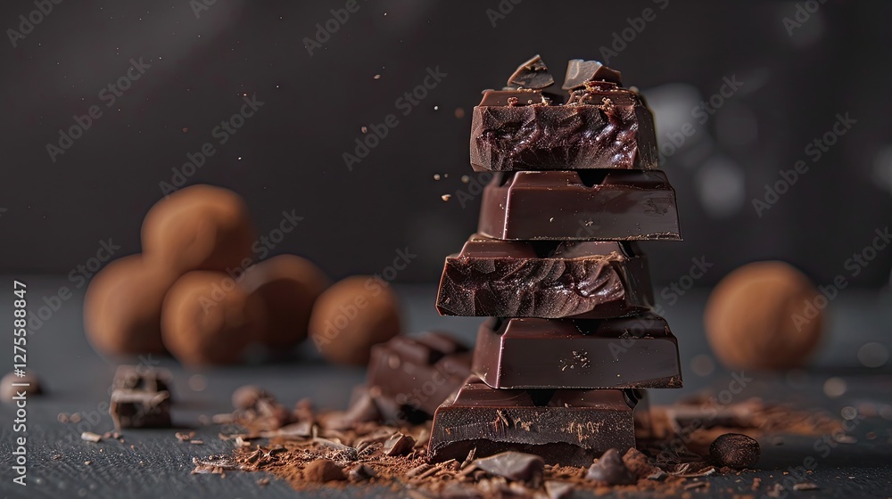 Poster stacked dark chocolate squares with cocoa shavings in front of truffles on a gray background, showca