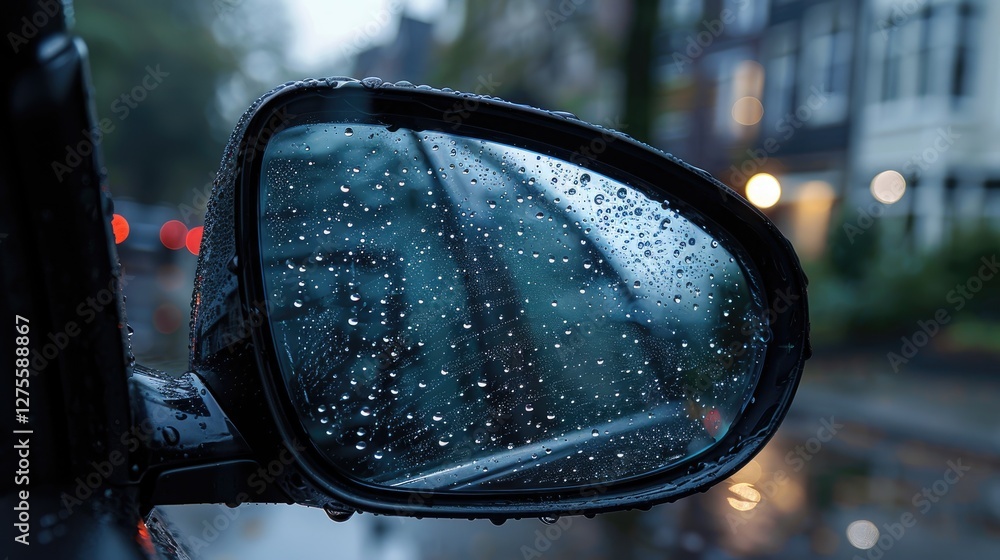 Poster close-up view of a car side mirror with raindrops reflecting blurred street lights and buildings in 