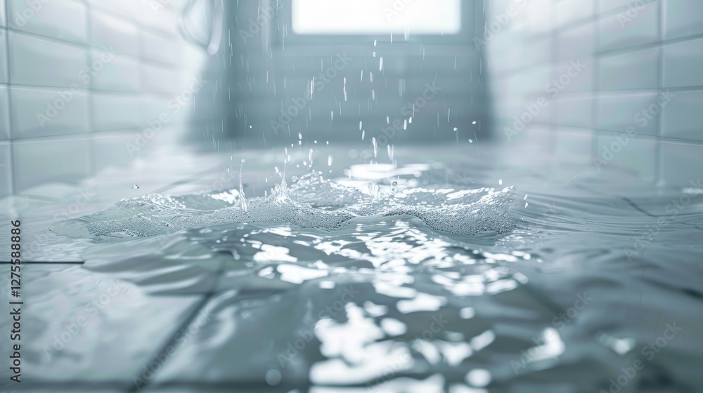 Aufkleber Water splashes on glossy white ceramic tiles in a flooded bathroom with a soft light coming from an upper window creating a serene atmosphere