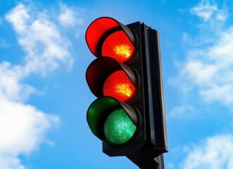 Red traffic light signaling stop against a vibrant blue sky, symbolizing caution and safety on the road.