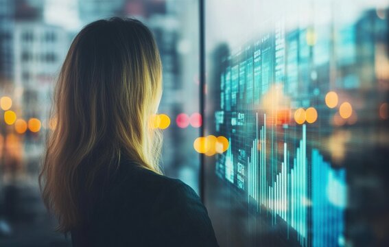 Two focused businesswomen analyze vibrant data visuals on a futuristic display, embodying innovation and collaborative decision making.