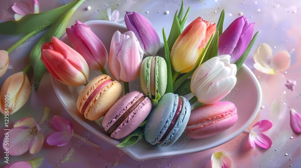 Poster pastel tulips in pink and purple surround colorful macarons in a heart-shaped bowl on a soft gradien