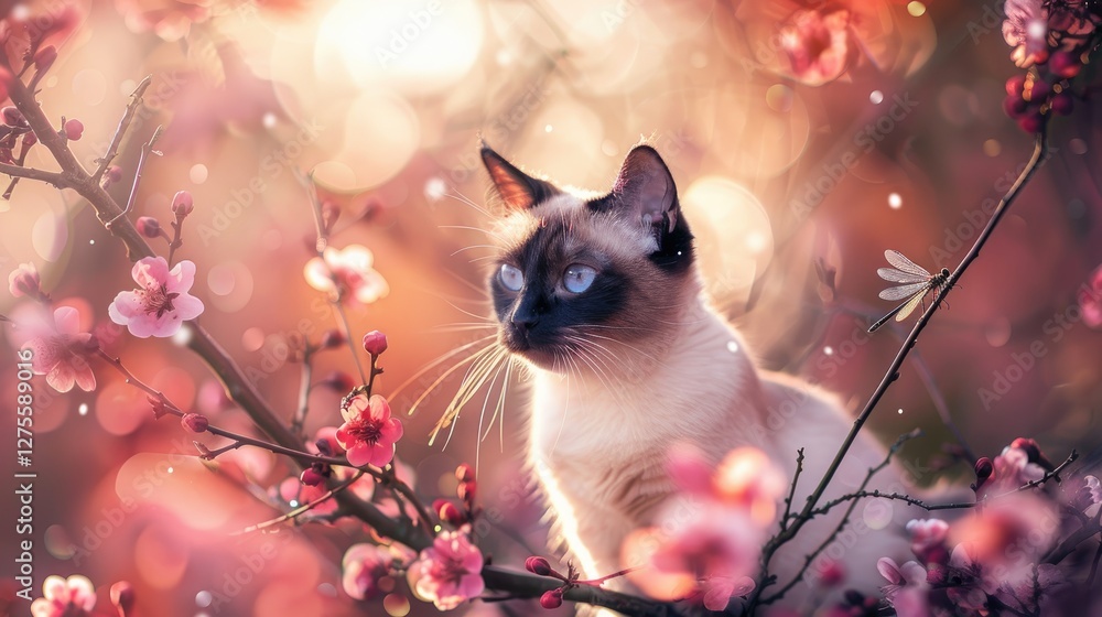 Poster Siamese cat perched among cherry blossoms with soft pink hues in the background creating a dreamy bokeh effect and vivid sharp focus on the cat.