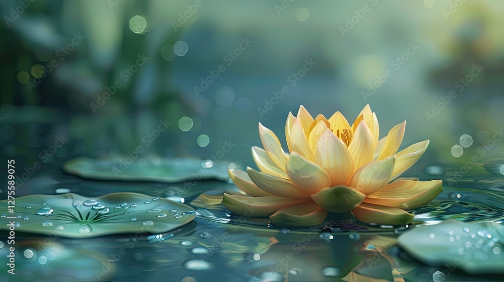 Poster Vibrant yellow lotus flower blooming on serene water surface with green lily pads and soft bokeh background creating a tranquil atmosphere.