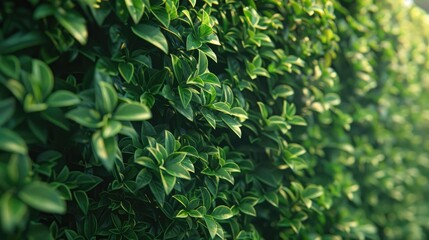 Obraz premium Vibrant green evergreen hedge with glossy leaves close up showcasing lush foliage with soft focus background emphasizing nature's beauty