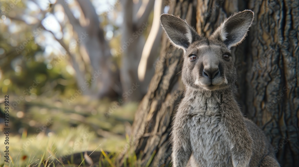 Poster grey kangaroo standing confidently in the foreground with a textured tree trunk in soft-focus backgr