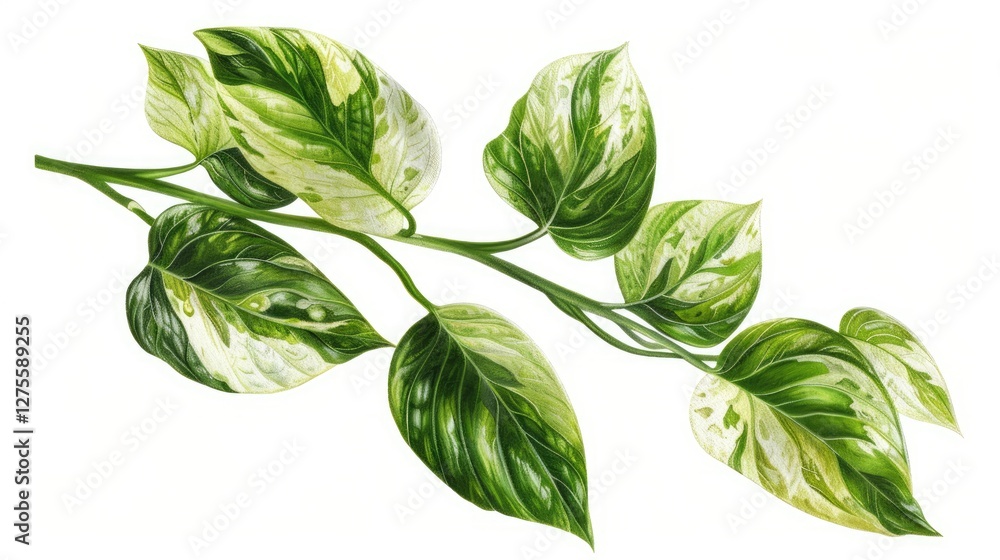 Poster vibrant green leaves with varied textures and patterns arranged gracefully on a light background cre