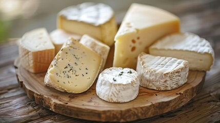 Assorted cheese selection on a rustic wooden platter featuring various textures and colors including creamy whites and rich yellows in a natural setting