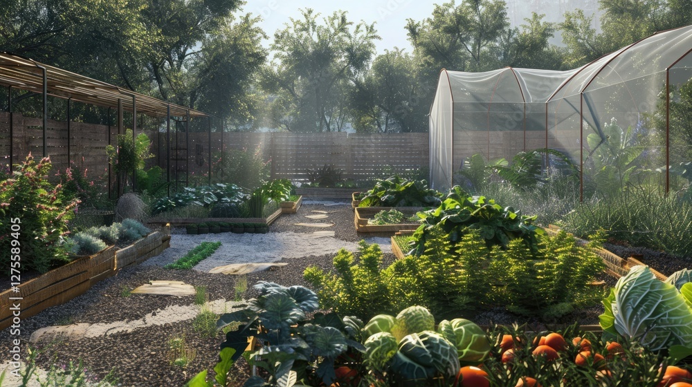 Poster vibrant vegetable garden featuring lush green produce with a large protective hail net overhead and 