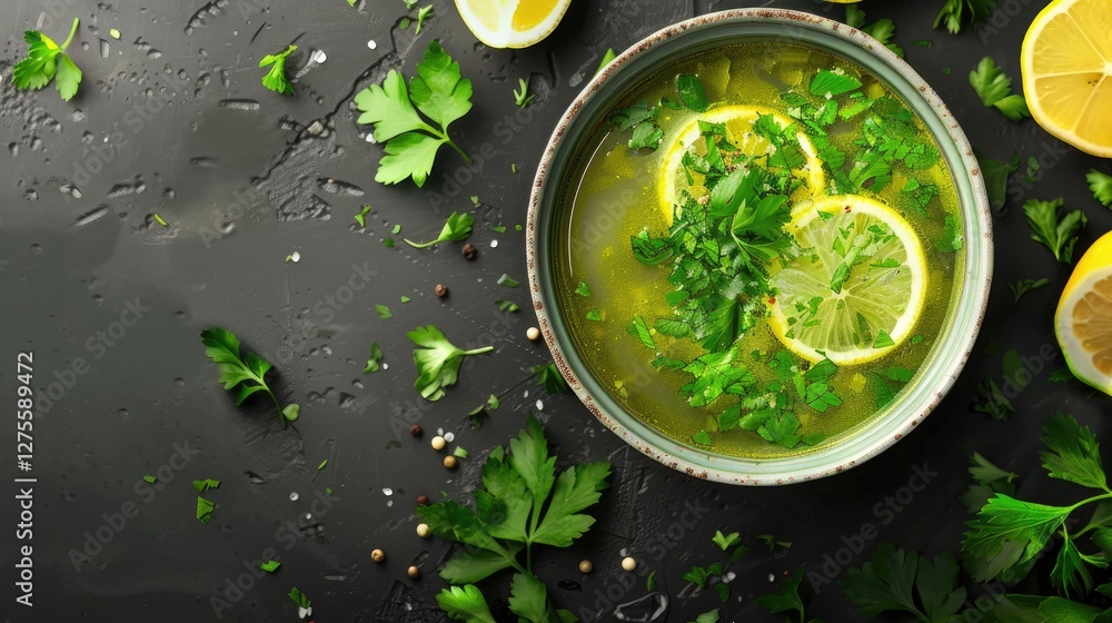 Poster Fresh cilantro herb soup with lemon slices in a rustic bowl on a dark textured surface surrounded by coriander and lemon halves.
