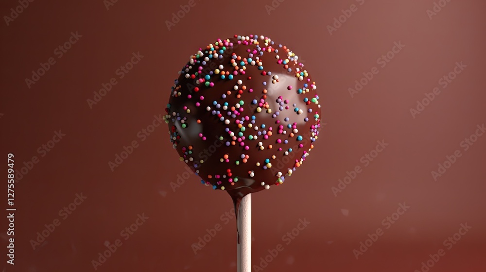 Poster chocolate lollipop on a white stick coated in glossy chocolate and colorful sprinkles against a smoo