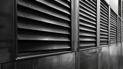 Obraz premium Industrial black metallic vent covers lined up in a grid pattern with horizontal slats creating texture and shadows against a smooth surface.