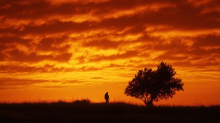 Silhouette of Person Walking Near Tree Against Fiery Sunset Sky