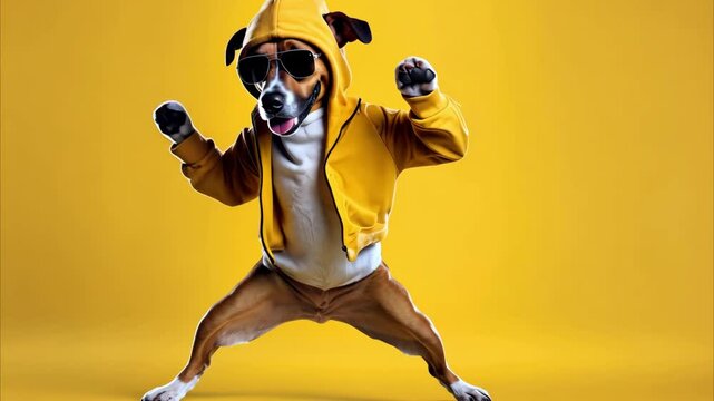 playful dancing dog wearing a yellow jacket, standing on legs and looking excited. yellow background. fun energetic vibe. perfect for pet fashion brands, accessories, and dog-friendly businesses 4K.