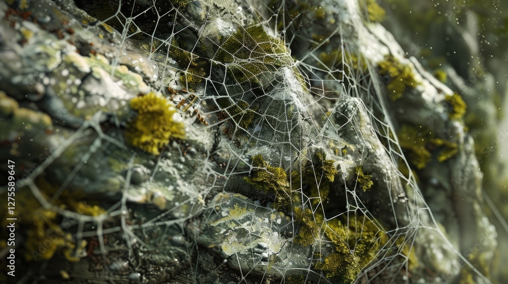 Poster detailed close-up of textured tree bark featuring green moss and intricate spider web patterns, with