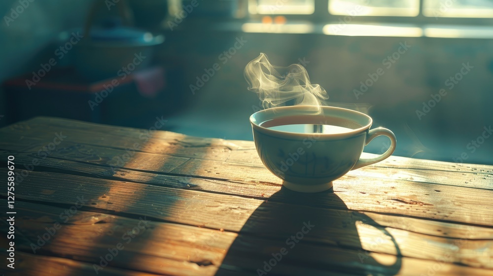 Fototapete Vintage tea cup with steam placed on a rustic wooden table illuminated by soft sunlight creating warm tones and shadow patterns.