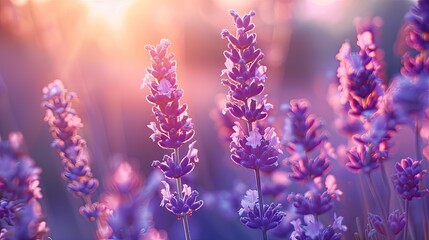 Fototapeta premium Lavender flowers in soft focus with warm sunlight glowing through at sunset, featuring vibrant purple hues and a serene garden backdrop.