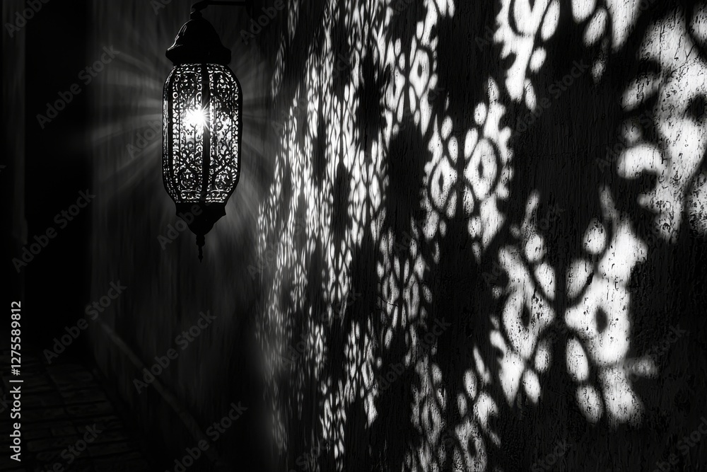 Poster dramatic monochrome image of a hanging ornate lamp casting shadows on a textured wall, creating a me
