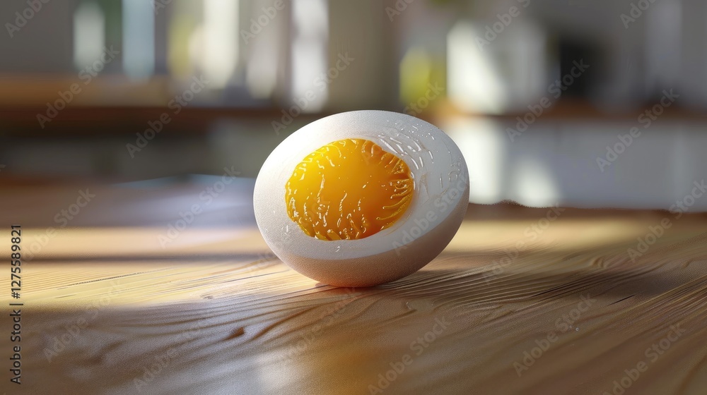 Poster soft boiled egg resting on a wooden surface with a golden yellow yolk in a bright kitchen setting il