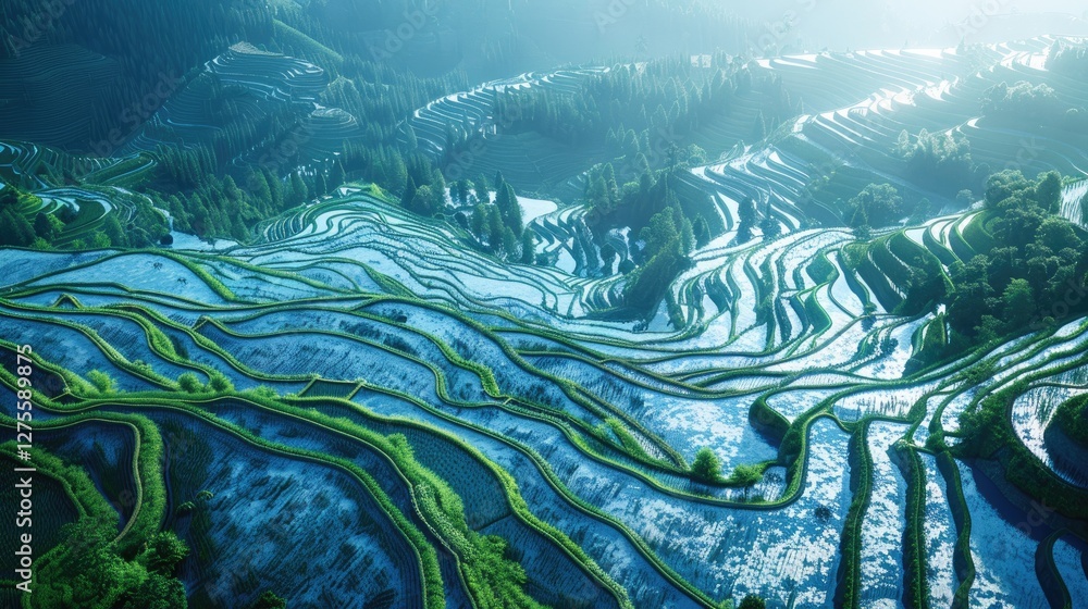 Poster Aerial view of lush green terraced rice fields with shimmering water reflections under soft sunlight, creating intricate patterns against a hilly backdrop.