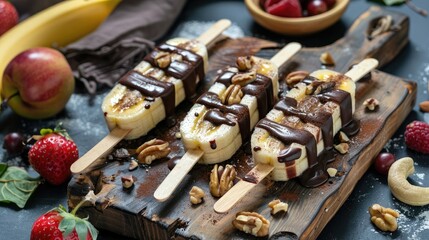Fototapeta premium Frozen banana popsicles on a rustic wooden board, dipped in chocolate, topped with walnuts, and surrounded by fresh fruits and strawberries.