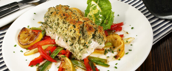 Red Perch Fillet with Bread Crust on Asparagus and Pepper