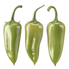 Three green jalape?o peppers displayed side by side, showcasing their smooth texture and shape.