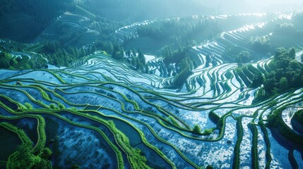 Aerial view of lush green terraced rice fields with shimmering water reflections under soft sunlight, creating intricate patterns against a hilly backdrop.